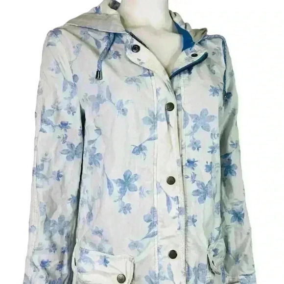 Free People Blue Floral Hooded Button Coat Jacket Size S - Picture 7 of 12